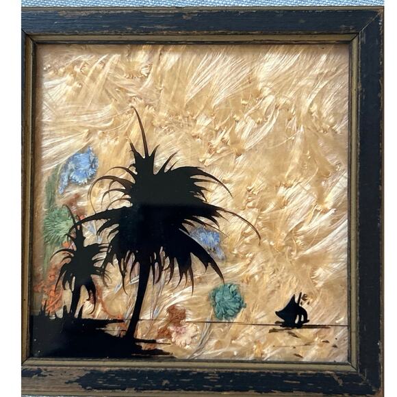 Vtg Reverse Painted Wall Folk Art Dried Flowers Palm tree Early 1900's Milkweed - Picture 3 of 4